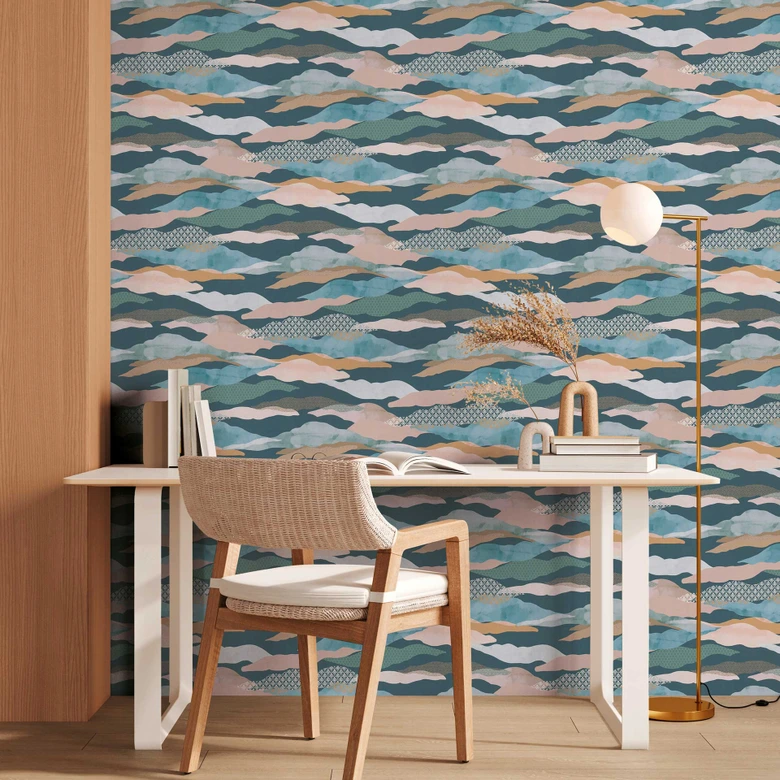 Abstrakte Tapete Berge Aquarell - Vliestapete in Blau Beige Rosa - Mustertapete 