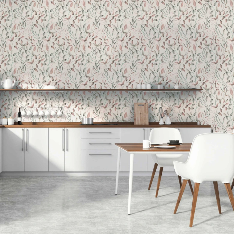 Florale Tapete Blätter Aquarell - Vliestapete in Rosa Grün Beige - Pflanzen-Tapete 