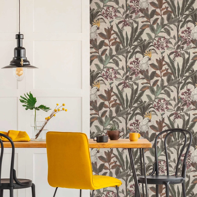 Dschungel-Tapete mit Kakadu - Vliestapete Beige Grün Lila - Exotische Mustertapete 