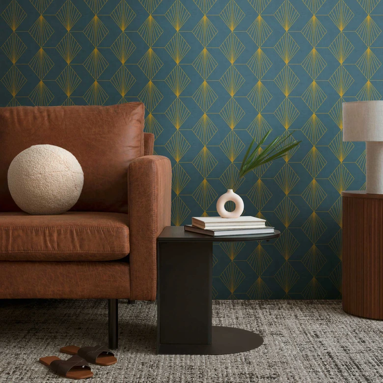 Geometrische Art Deco-Tapete Dunkelblau Gold - Mustertapete modern - Vliestapete 