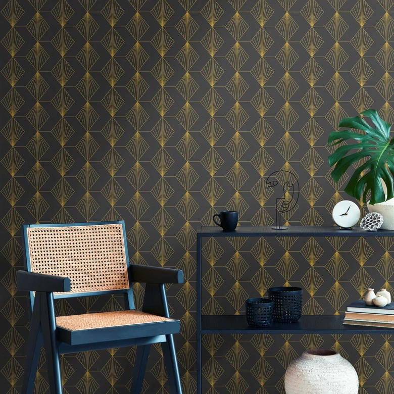 Papier peint Art déco géométrique noir or - papier peint à motifs moderne - papier peint intissé 