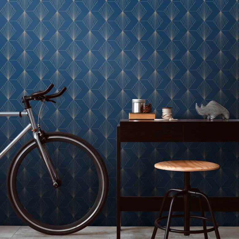 Geometrische Art Deco-Tapete Blau Silber - Mustertapete modern - Vliestapete 