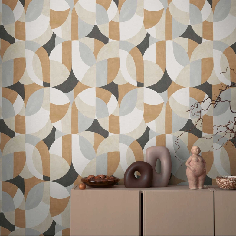Geometrische Mustertapete in Beige Grau Schwarz – Moderne Vliestapete abstrakt 