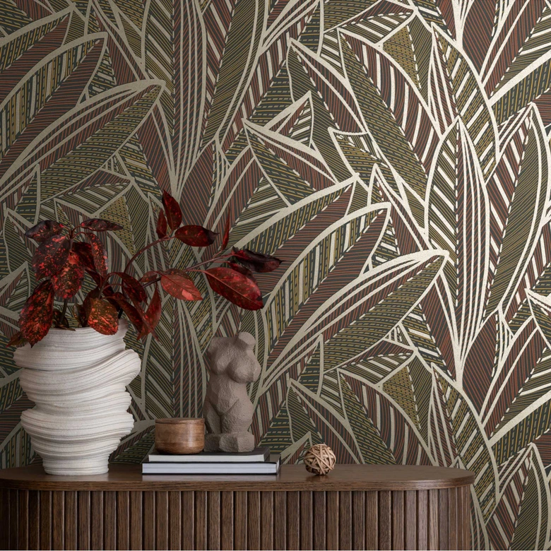 Djungel tapet med bladmönster brun svart guld - exotisk Icke-vävd tapet modern 