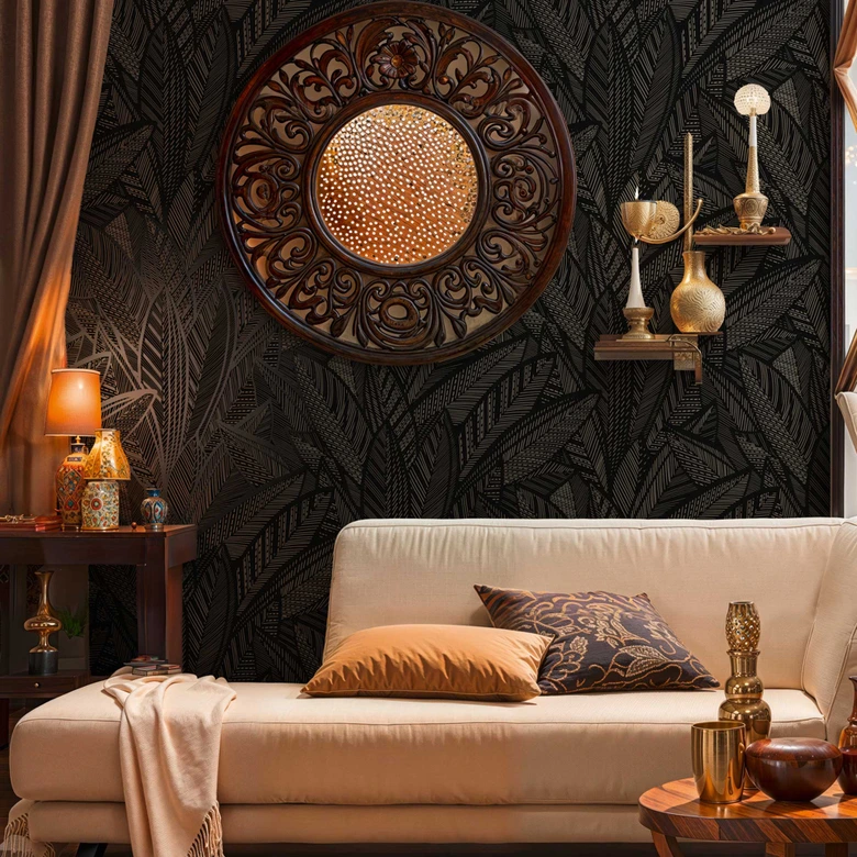 Dschungel-Tapete mit Blattmuster Schwarz Grau – Moderne Vliestapete elegant & ausdrucksstark 