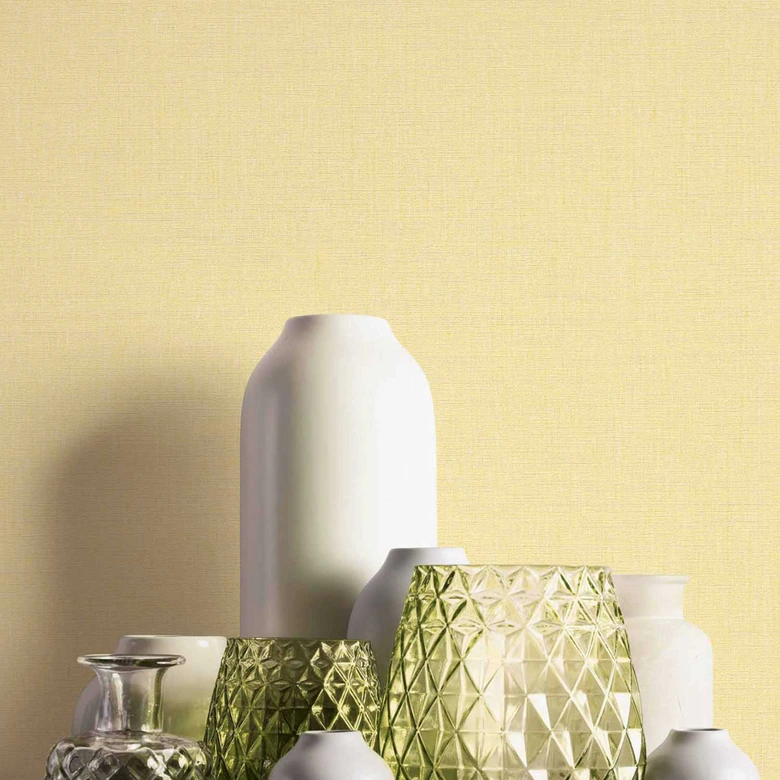 Papel pintado simple con textura de lino amarillo vainilla - papel pintado no tejido liso para salón y cocina 