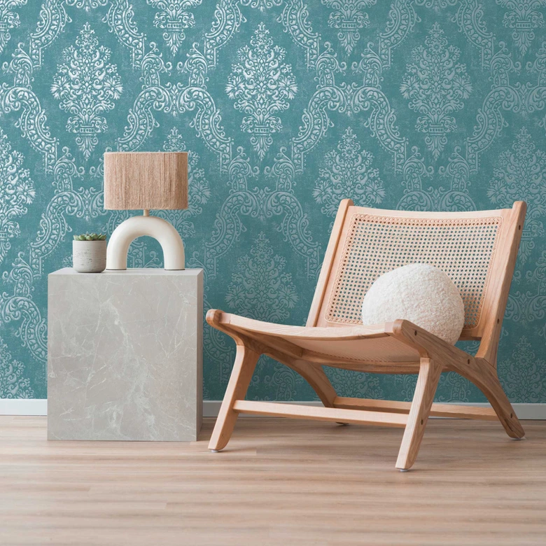 Papel pintado azul turquesa ornamental barroco - Papel pintado no tejido clásico con relieve - Papel pintado de muestra  