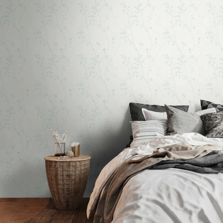 Papel pintado menta blanca enredadera floral - Papel pintado no tejido con un delicado motivo de hojas  