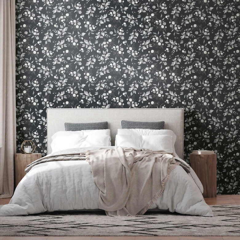 Florale Aquarell-Tapete Schwarz Grau – Vliestapete mit Blättern – Elegantes Naturmotiv 