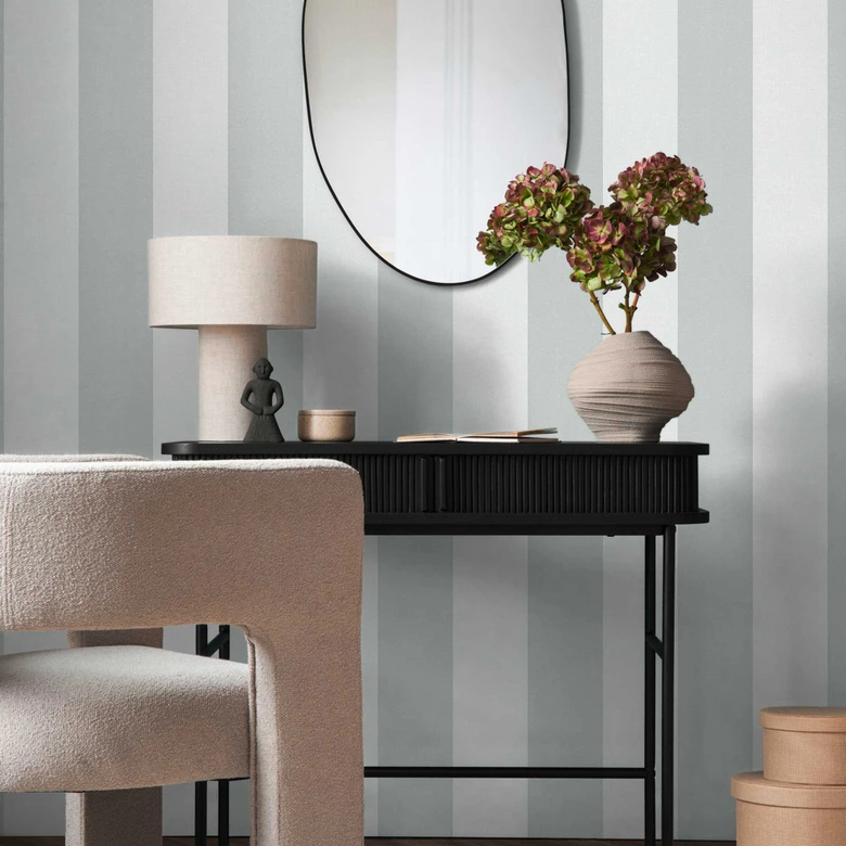 Papel pintado a rayas verde salvia blanco gris - Papel pintado no tejido de textura fina moderno 