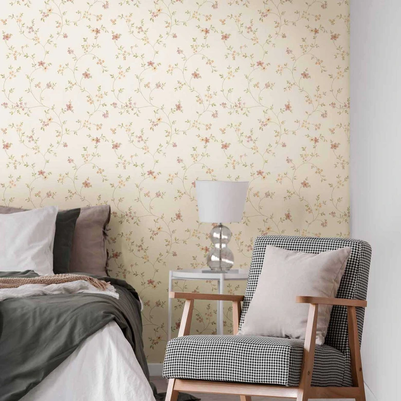 papier peint à fleurs crème vert - papier peint intissé maison de campagne A.S. Création - mat légèrement structuré 