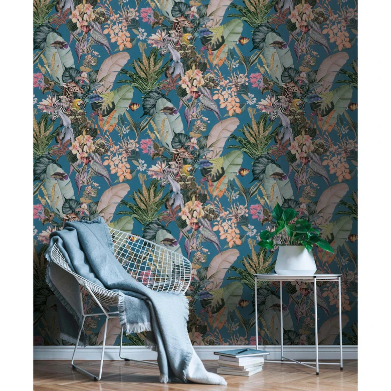 A.S. Création Dschungeltapete Dream Flowery Vliestapete tropisch blau, gelb, grün, beige 