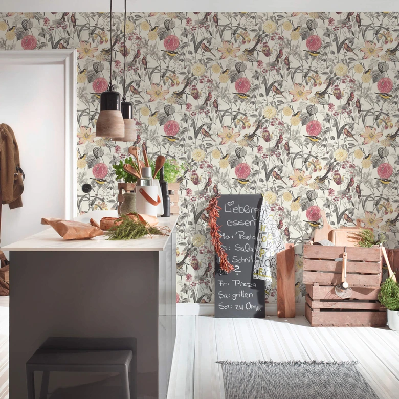 A.S. Création Exotic Life Papier peint floral, Rouge, Jaune, Gris 