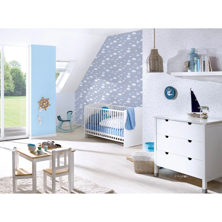 Magical night sky: nursery wallpaper with clouds and stars in blue and grey 