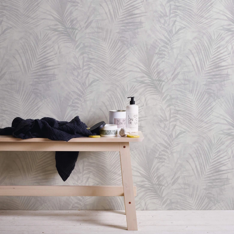 A.S. Création Papier peint Intissé Neue Bude 2.0 Edition 2 feuilles de palmier gris, blanc, crème 