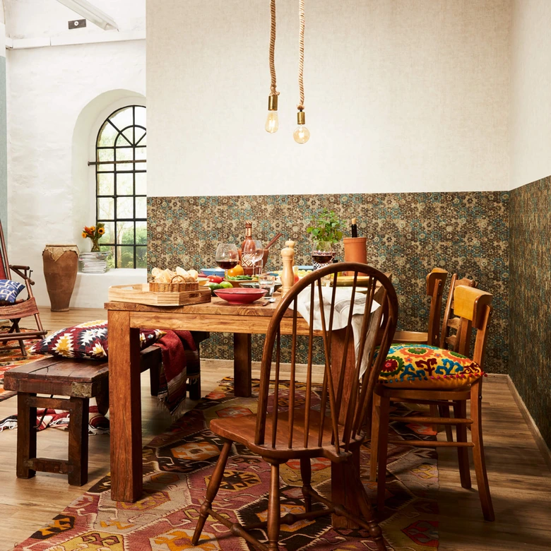 Livingwalls Papier peint intissé New Walls Finca Home motif carrelage bleu, vert, marron  