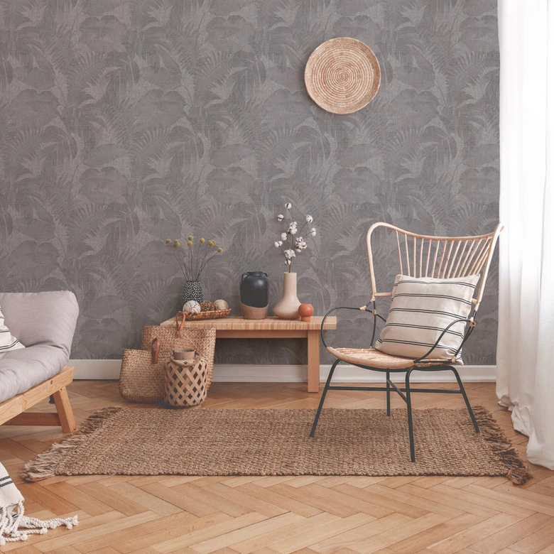 Livingwalls Papier peint intissé New Walls Cosy & Relax avec feuilles de palmier gris, beige, marron 