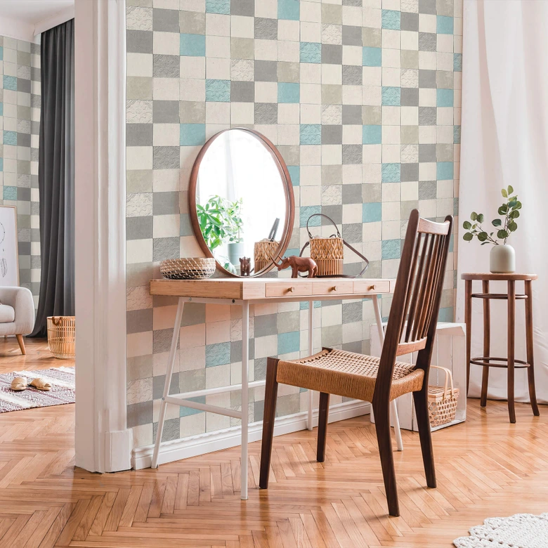 Livingwalls non-woven tapet Nya väggar Finca Home kakel tapet blå, grädde, grå 