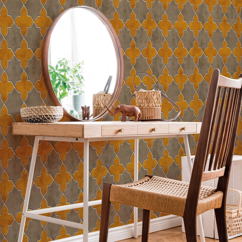 Livingwalls Papier peint intissé New Walls Finca Home motif carrelage jaune, beige, crème 