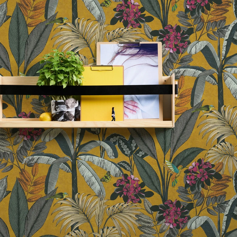 A.S. Creation papier peint forêt en jaune et gris papier peint intissé avec animaux aspect mat 