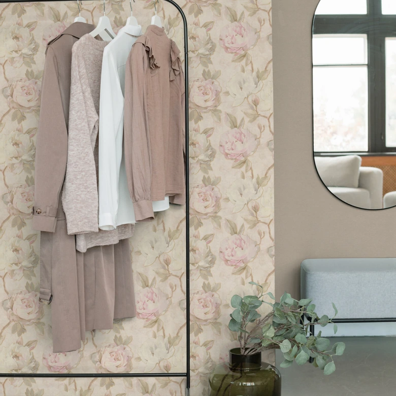 Papier peint floral pivoines rose beige - papier peint intissé style aquarelle - vintage 