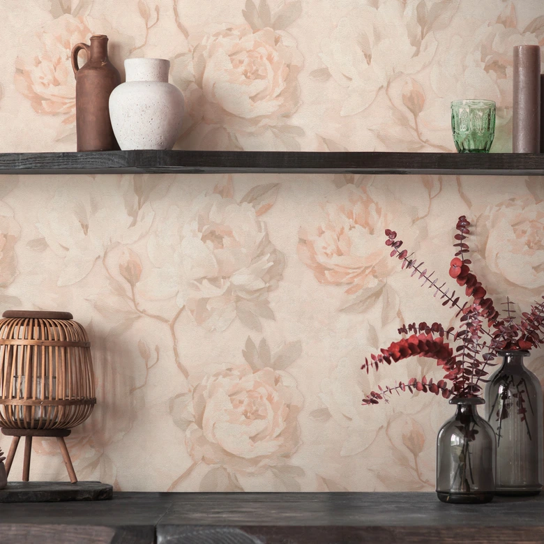 Florale Tapete Pfingstrosen Apricot Beige - Vliestapete im Vintage-Look matt 