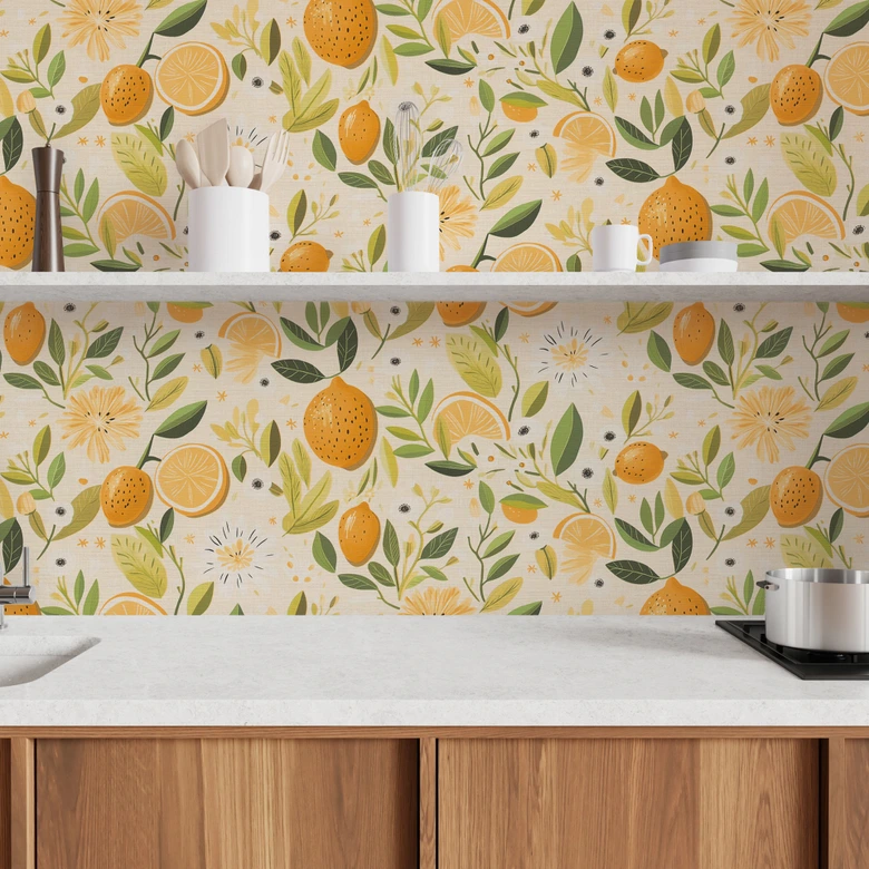 Papier peint fruits citron orange vert - Papier peint intissé moderne multicolore - cuisine & salle à manger 
