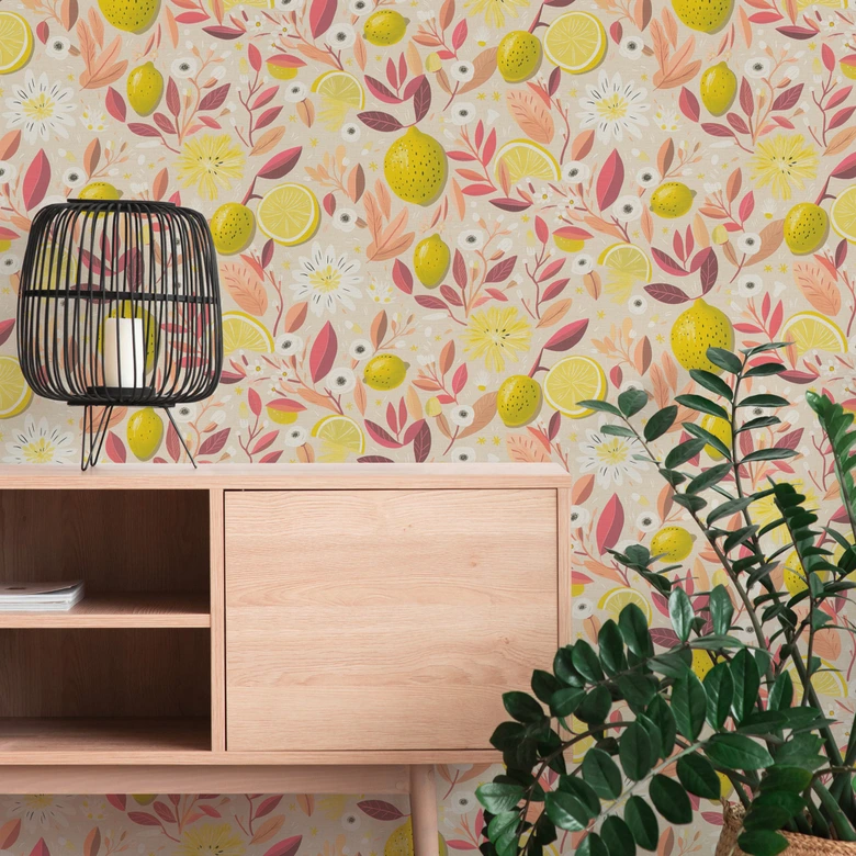 Papier peint citron rose jaune orange - Papier peint intissé moderne - fruits & feuilles 