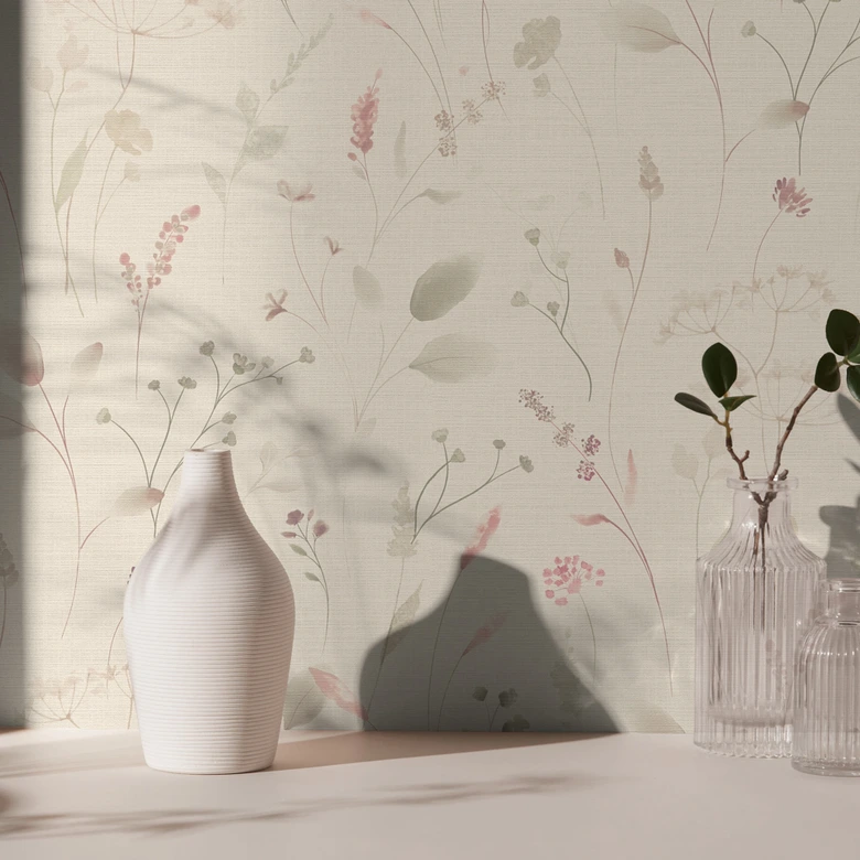 Papier peint fleurs des champs rose beige blanc - papier peint intissé avec motif floral aquarelle 