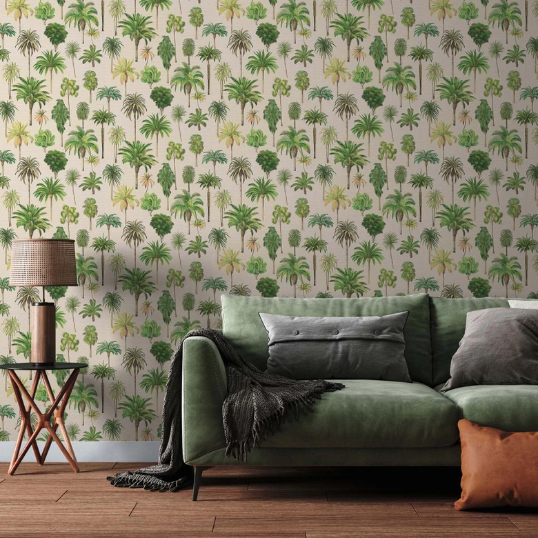 Papier peint palmier Beige Vert - Papier peint intissé illustré de plantes tropicales 