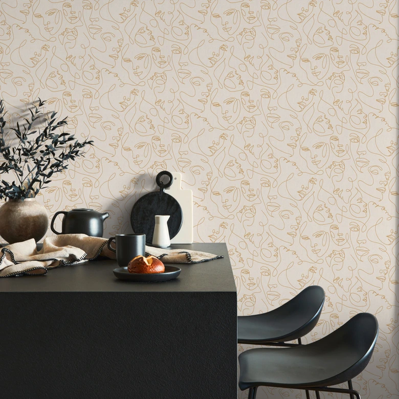 Ansikts tapet linjekonst grädde guld - Icke-vävd tapet modern abstrakt elegant 