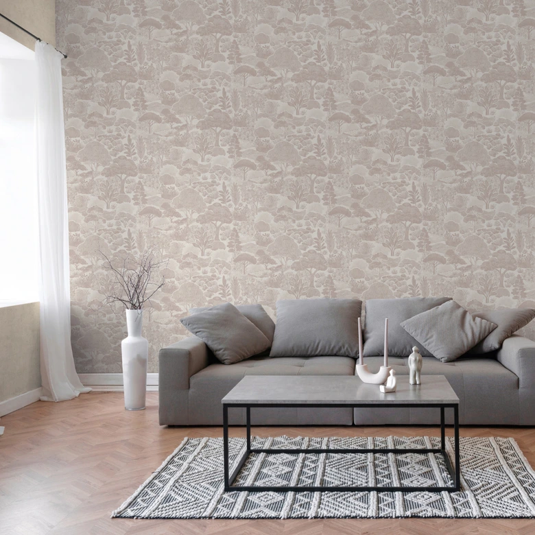 Papier peint paysage crème taupe - Papier peint intissé illustré avec motif naturel 