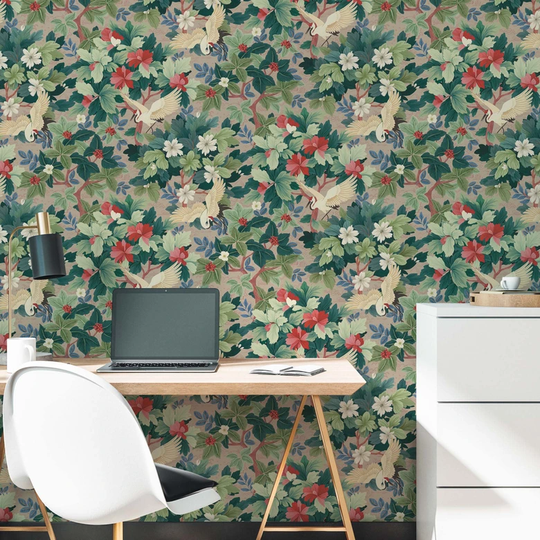 Exotisch behang kraanvogels beige groen rood - Vliesbehang met bladeren & bloesems 