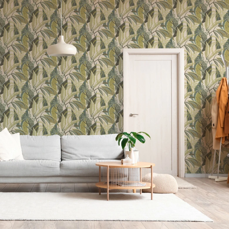 Papier peint intissé avec motif de feuilles dans les tons de vert sur fond beige 