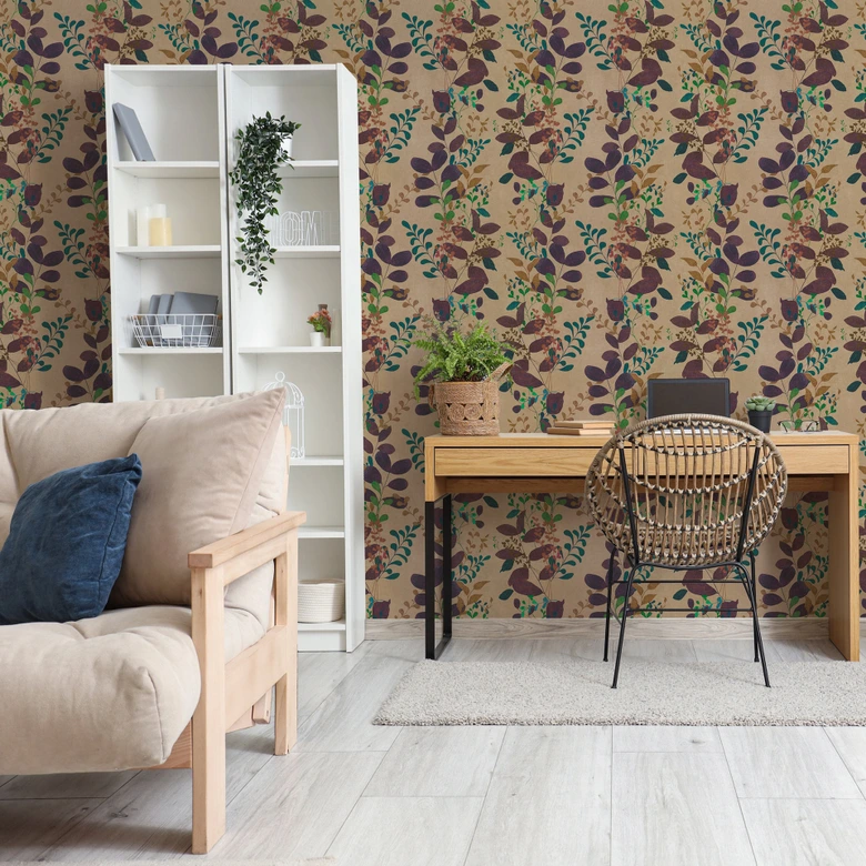 Papier peint intissé avec motifs de feuilles colorées sur fond beige 