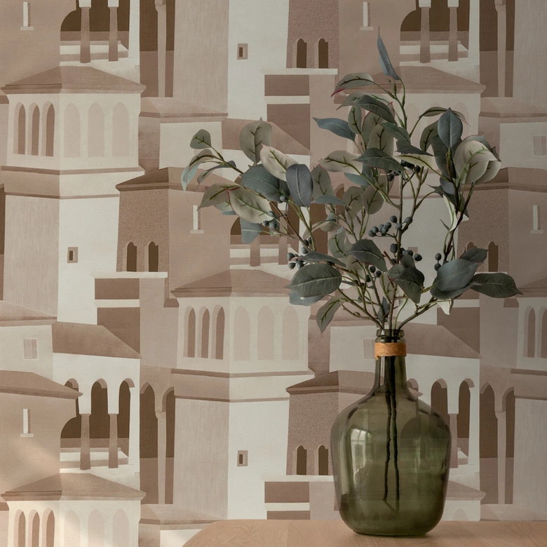 Papier peint intissé avec motif architectural dans les tons beiges et bruns 