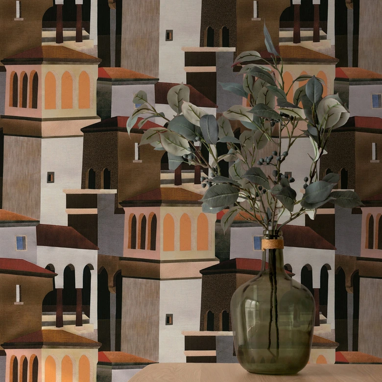 Papier peint intissé motif architectural multicolore dans les tons marron, ocre et terracotta 