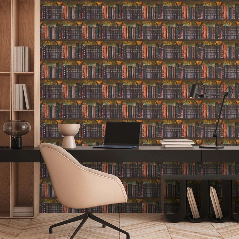 Papier peint intissé Bibliothèque vintage avec livres anciens et fond ornemental 