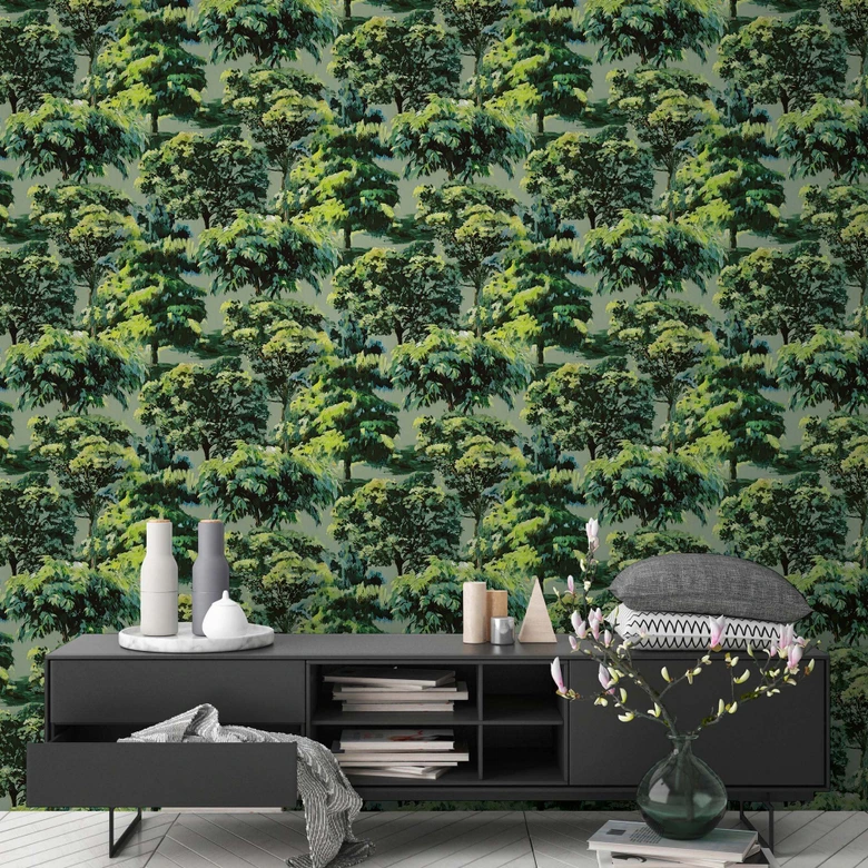 Papier peint intissé avec des arbres impressionnistes dans les tons de vert sur fond vert 