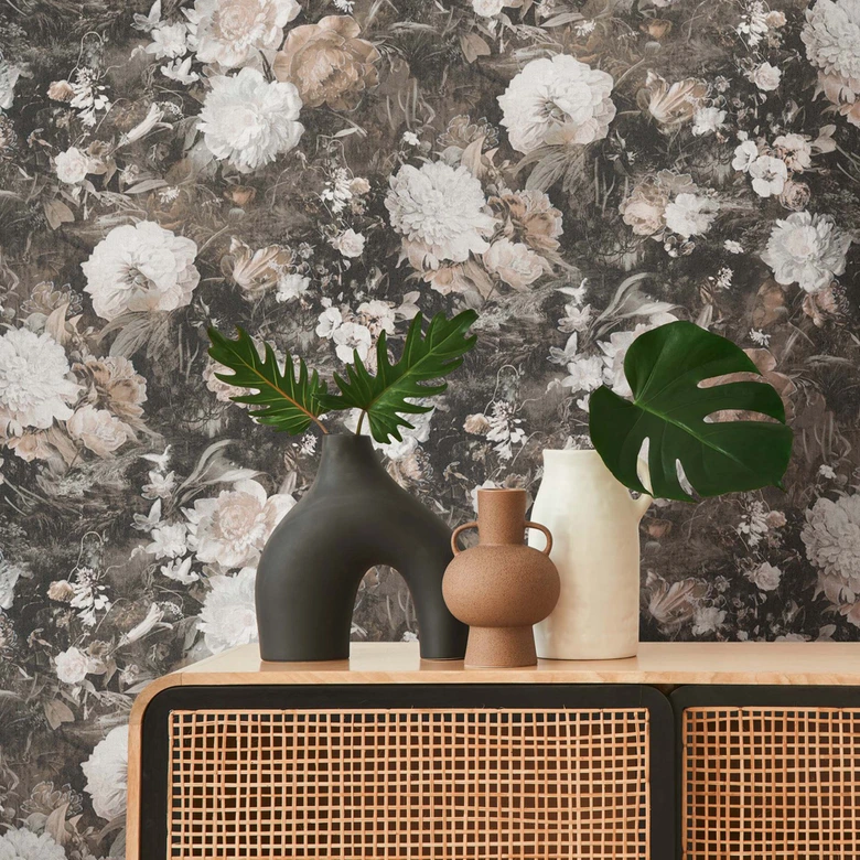 Blumentapete Braun Weiß Vintage Tapete floral Vliestapete Blumen für Wohnzimmer 