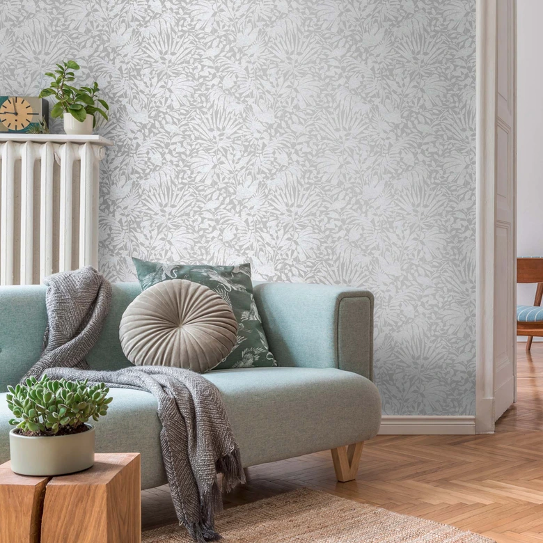 Dschungel Tapete Grau Silber Metallic-Effekt Vliestapete Blätter Wohnzimmer 