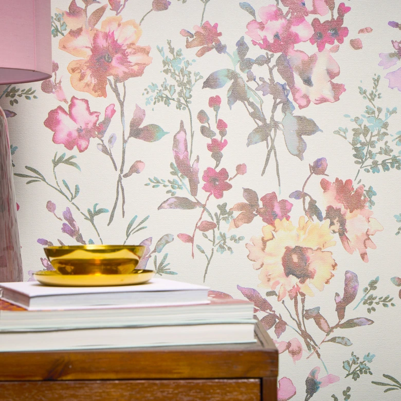 COSMOPOLITAN floral wallpaper white pink - floral non-woven wallpaper watercolor living room 