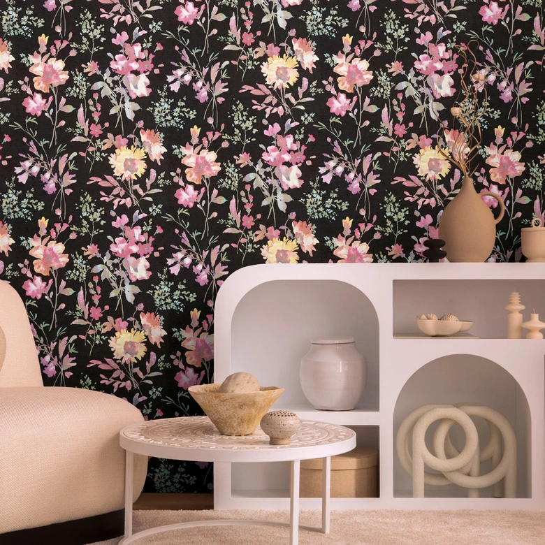 COSMOPOLITAN Blumen-Tapete Aquarell Schwarz Bunt - Vliestapete floral modern 