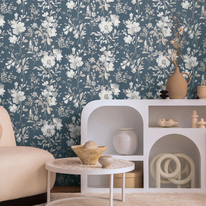 COSMOPOLITAN Papier peint intissé floral aquarelle bleu-gris blanc - papier peint fleuri moderne 