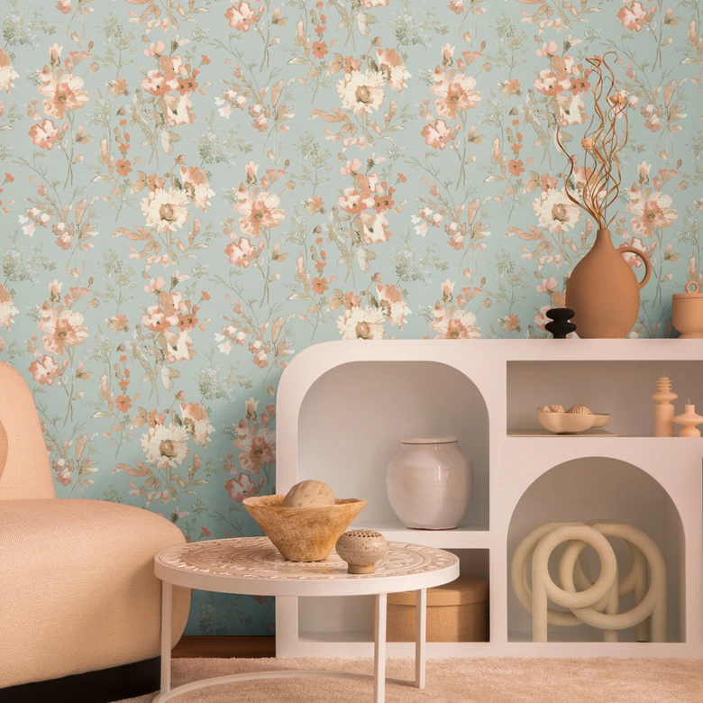 COSMOPOLITAN papier peint vintage aquarelle fleurs abricot bleu - papier peint intissé pastel 