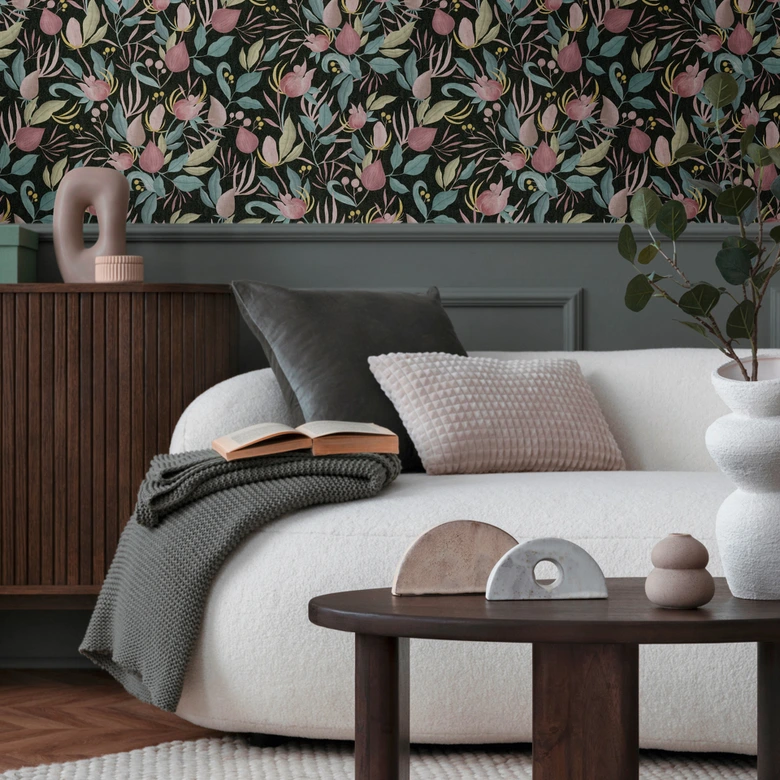 COSMOPOLITAN Blüten Tapeten Design Schwarz Rosa - Botanische Vliestapete modern 