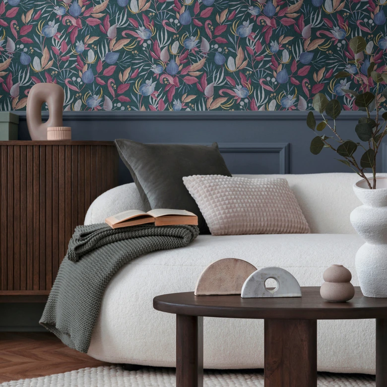 Papel pintado COSMOPOLITAN diseño hojas azul rojo - Papel pintado no tejido de diseño moderno 