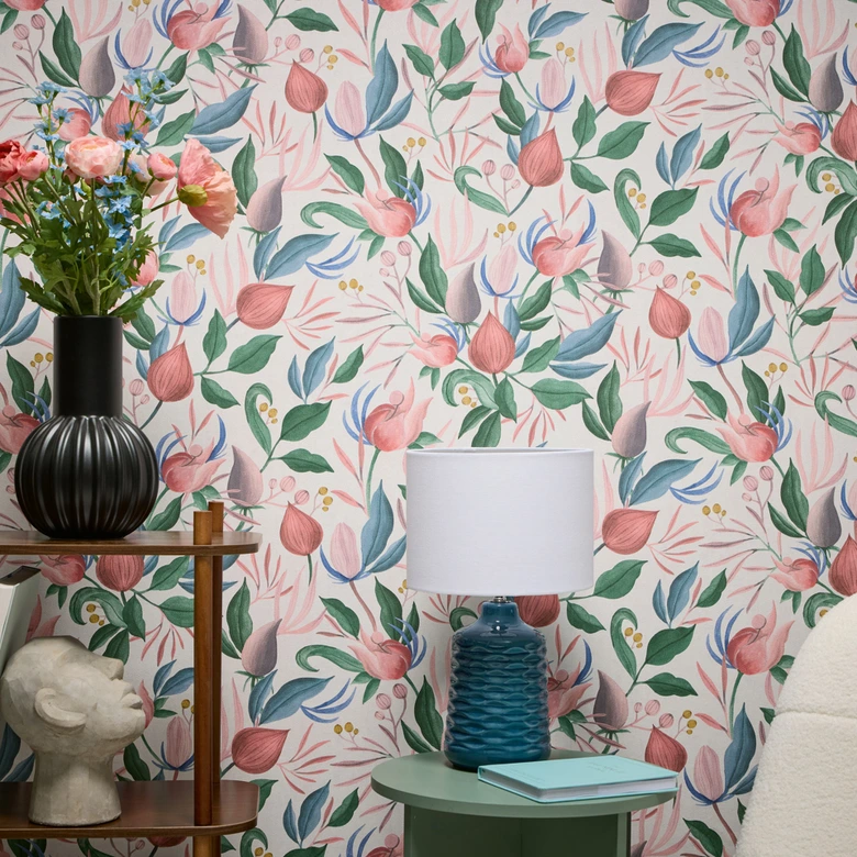 COSMOPOLITAN Tapete florales Design Weiß Grün Rosa Botanische Vliestapete Blumen 
