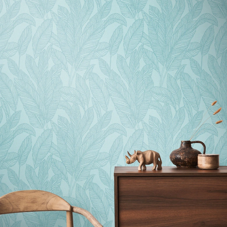 COSMOPOLITAN designerska tapeta z fakturą liści jasnoniebieska - nowoczesna tapeta z włókniny 