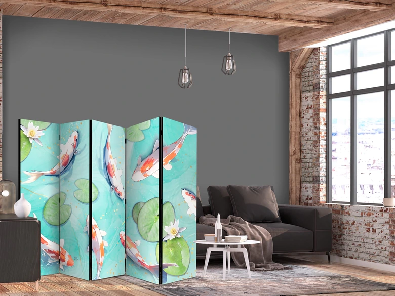 Paravent, Raumteiler freistehend, Trennwand - Spectacular Koi Fish in Crystal Water: Lilies 